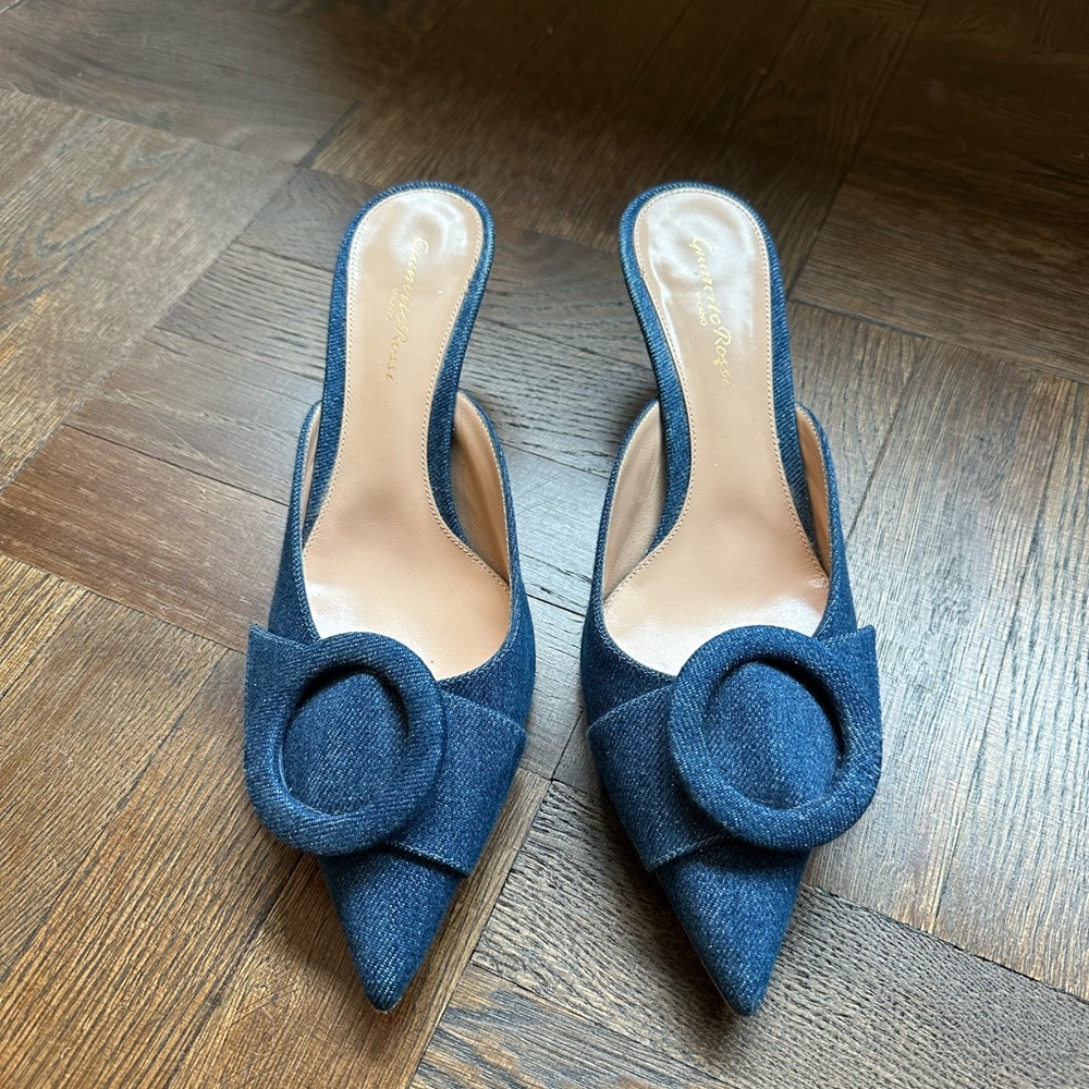 Gianvito Rossi Navy Denim Pointed Mule Slides with Round Buckle